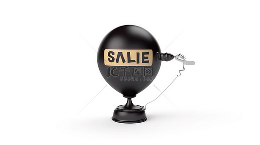 热卖爆款标志背景图片_白色背景 3d 渲染上黑色手气泵带有销售标志的充气气球