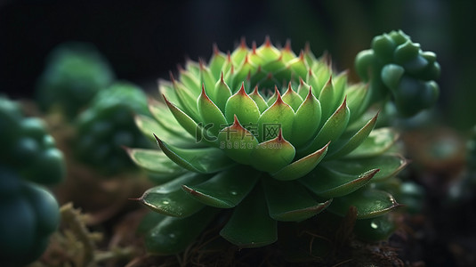 模糊背景下的 3D 插图中的绿色多肉植物