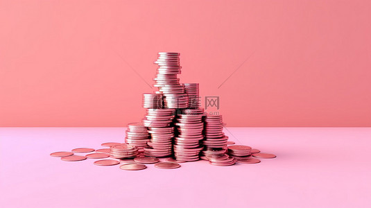 来钱背景图片_在 3D 渲染中用堆叠的硬币和成捆的现金来省钱粉红色背景的插图