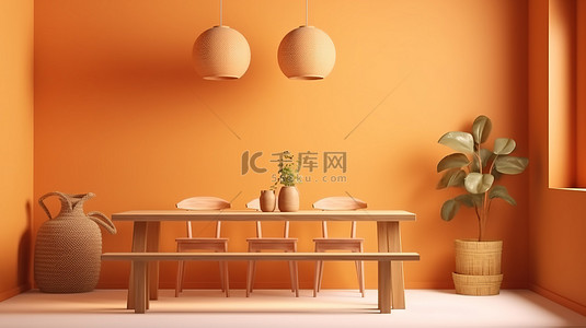 浅橙色墙壁室内场景中时尚木制餐桌的 3D 可视化