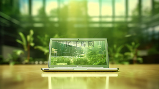 绿色办公室场景背景与笔记本电脑 3d 插图