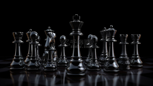 在黑色背景上以 3D 渲染呈现的国际象棋领导概念