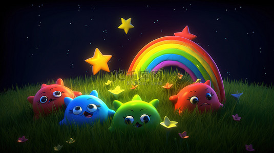 卡通彩虹草地背景图片_夜间乐趣可爱的 3d 卡通明星和蝴蝶在彩虹下的草地上
