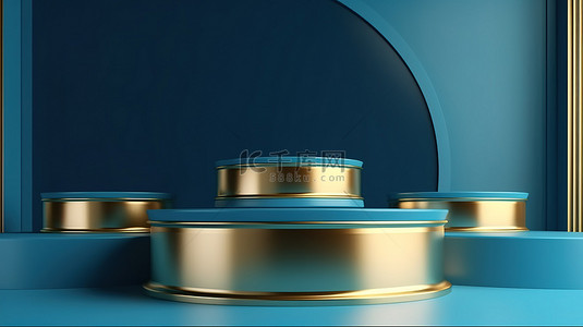 背蓝色景背景图片_金色和蓝色讲台 3d 渲染理想显示，用于在蓝色房间背​​景下展示产品