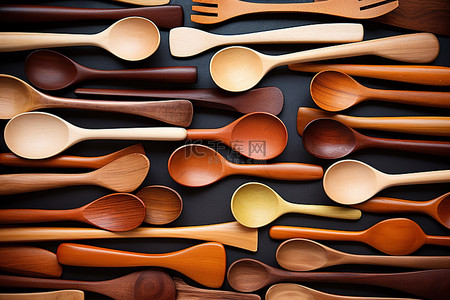 吃饭用筷子背景图片_桌面上排列着彩色盆木勺子和筷子