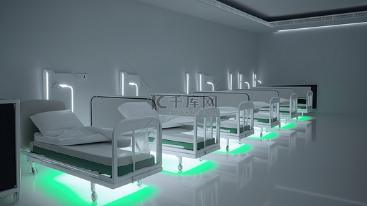 3d 渲染中的一排电动医院病床