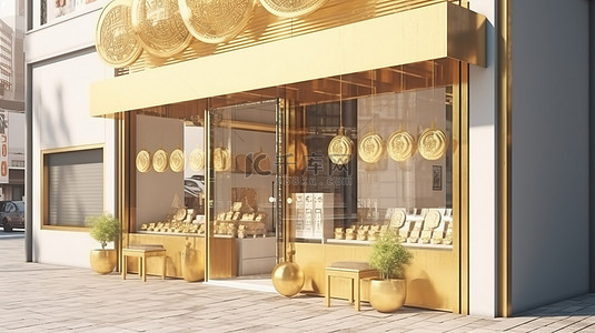 街道建筑 3D 渲染中带金币的购物城市小型城市店前店