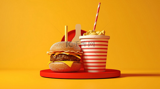 快餐菜单背景图片_充满活力的黄色背景上的汉堡和饮料杯的 3D 渲染