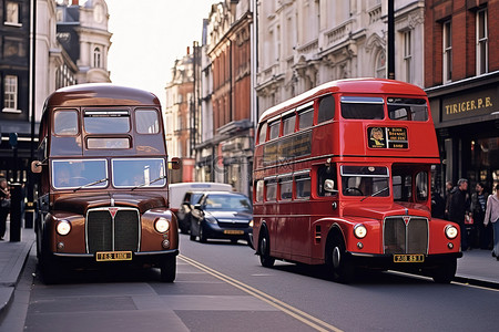 招牌红色背景图片_一辆黑色单层出租车和一辆红色双层巴士沿着城市行驶
