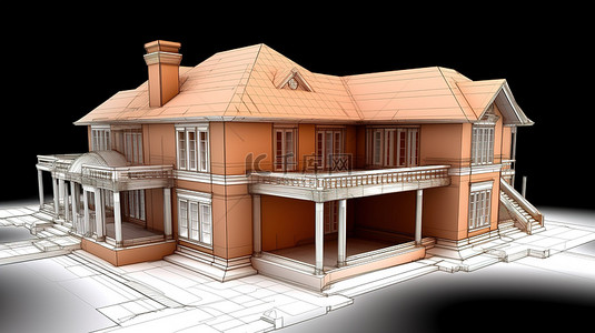 豪华住宅建筑草稿在 3D 渲染中栩栩如生
