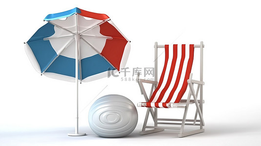 白色和蓝色沙滩配件躺椅伞救生圈和沙滩球在 3d 渲染在白色背景