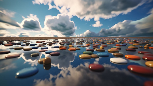彩色医疗胶囊和药丸在 3D 渲染中层叠并反射在闪亮的地板上，背景是蓝天和云彩