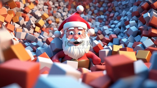 快乐的圣诞老人在堆积如山的礼物中分类节日 3D 插图