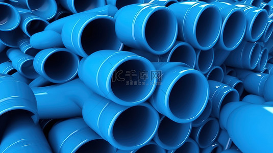 蓝色清洁饮用水 PVC 管道连接的 3D 插图
