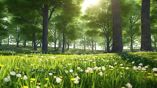 宁静的森林景观的 3D 插图高耸的树木青翠的草地和精致的野花
