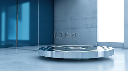 现代建筑背景的 3D 渲染，具有用于展示产品的蓝色和银色讲台