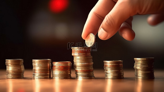 硬币堆得高高是金融概念3D渲染增长的象征，手指攀爬