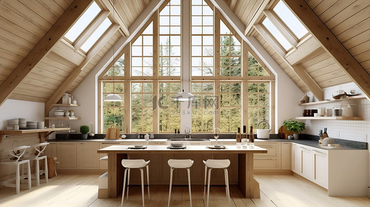 斯堪的纳维亚农舍厨房的 3D 插图，拥有壮丽的自然景观和木质装饰