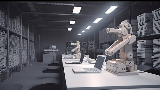 机器人工厂助理使用笔记本电脑对机器人进行 3D 渲染