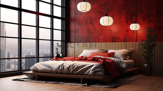 当代日式卧室设计，配有木地板和 3D 渲染的醒目的红灯