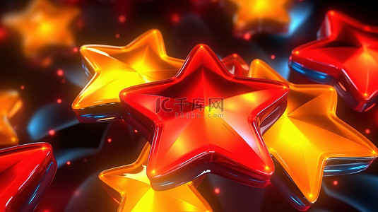 黄色和红色充满活力的霓虹灯星星是俱乐部风格背景的动态和优雅的 3D 插图