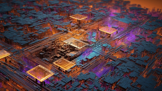 晶体管数字背景图片_地形散射景观与抽象微芯片和晶体管在 3d 超现实主义艺术渲染