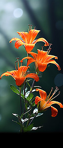 合成植物背景图片_植物上的橙色花朵位于模糊的背景旁边