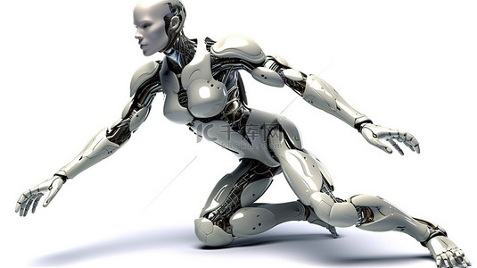 短跑背景图片_隔离在白色女性机器人或机器人上运行或跳跃 3D 渲染