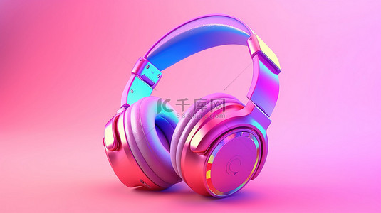 3D 渲染充满活力的渐变耳机，适合粉红色背景的时尚前卫青少年