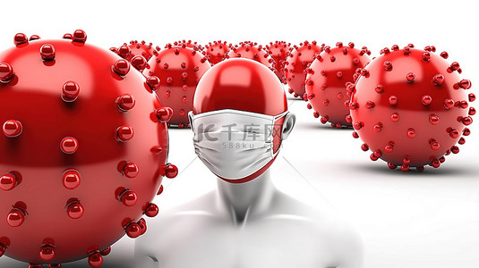 保持社交距离并戴口罩传染防护概念的 3D 插图