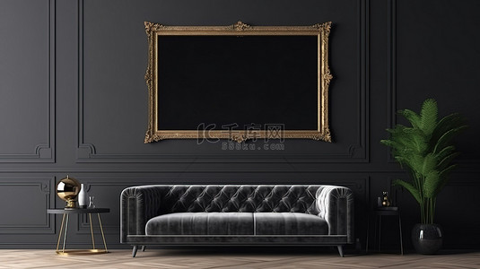 室内画框样机背景图片_模型场景 3d 渲染画框与黑色沙发和室内植物在房间里