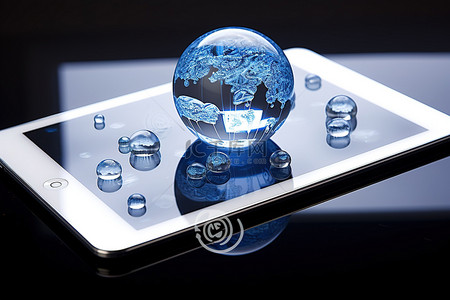 科技地球高科技背景图片_蓝色的 ipad 放置在玻璃平板电脑的顶部