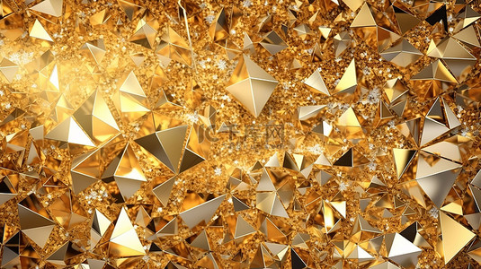发光的金色背景上华丽的三角形晶体 3D 插图