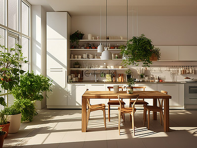 厨房配有桌子和一些盆栽植物