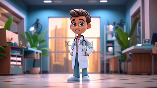 医院的医疗内部展示男医生张开手掌和复制空间 3D 渲染卡通