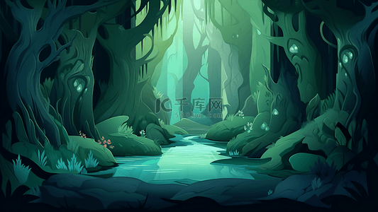 梦幻蘑菇背景图片_森林光水树背景