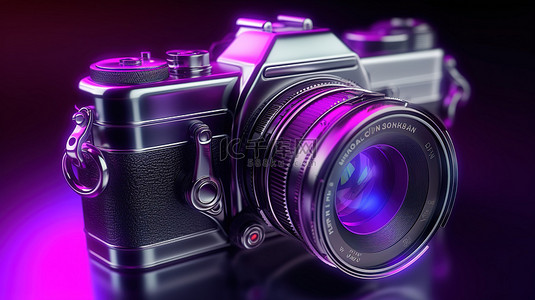 沐浴在紫色霓虹灯下的复古相机的 3D 特写