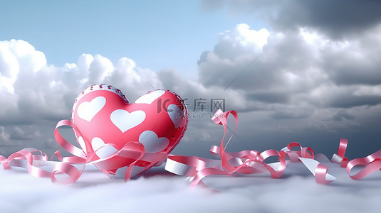 3d 云和丝带围绕心脏渲染图像