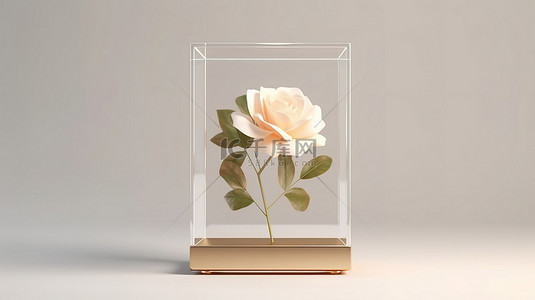 空白白色玻璃展示立方体模型中显示的米色玫瑰花的 3D 渲染