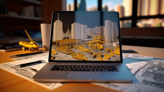 商务3d人背景图片_设计工程师的创新工作空间，配有笔记本电脑和令人惊叹的 3D 模型