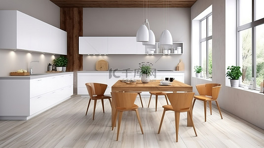 现代厨房设计的 3D 渲染，配有白色和木质橱柜餐桌和厨具