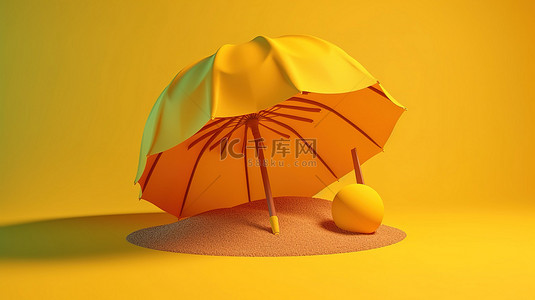 在海滩上用充满活力的黄色背景和 3d 雨伞数字描绘阳光明媚的一天