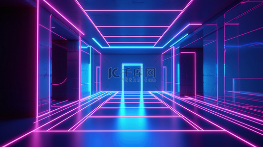虚拟空间在一个空荡荡的房间里照亮了明亮的霓虹灯线条几何形状和紫外线