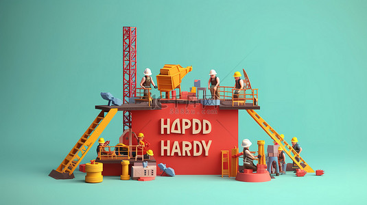 雕木工具背景图片_带有等距 3D 渲染工具的快乐劳动节横幅