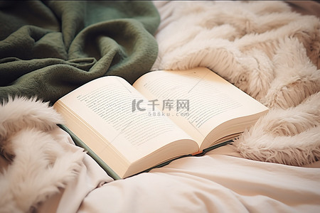 毯子背景图片_床上铺着毯子，放着一本打开的书