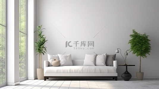 墙壁沙发背景图片_简约的客厅，配有白色墙壁沙发和 3D 渲染的 d cor