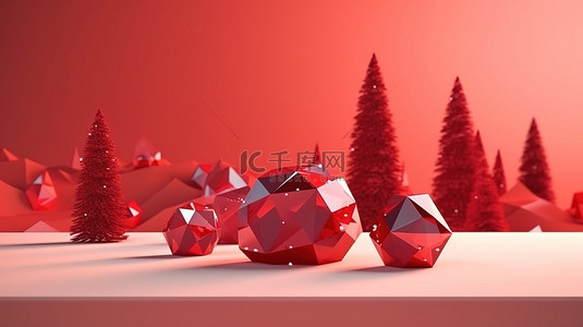 用户场景背景图片_低多边形红色圣诞树礼品盒和 3D 渲染中的石头