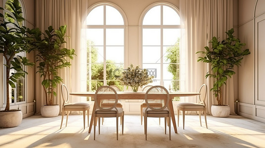 米色室内设计一个阳光明媚充满自然的豪华餐厅的 3D 渲染