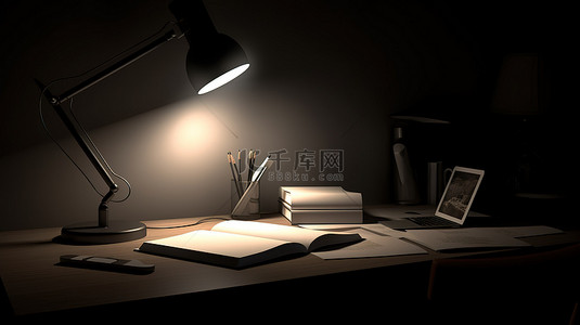 办公桌面手机背景图片_办公必需品 3D 渲染的写字台，配有笔记本电脑灯手机和纸张