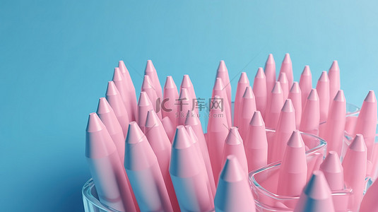 学校创意背景图片_回到学校，蓝色背景上最小的粉红色铅笔 3d 渲染